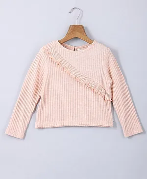 Beebay Full Sleeves Blended Ribbed Knit Frill Top - Peach