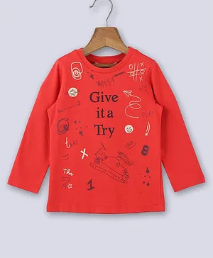 Beebay 100% Cotton Full Sleeves Give It A Try & Scribbles Printed Tee - Orange