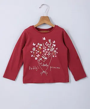 Beebay 100% Cotton Full Sleeves Floral Glitter Printed Tee - Maroon
