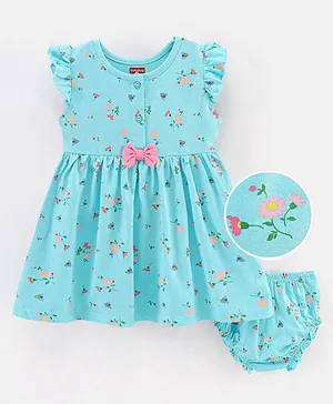 Babyhug 100% Cotton Frill Sleeves Frock With Bloomer Floral Print - Mint