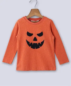 Beebay 100% Cotton Full Sleeves Halloween Pumpkin Applique T Shirt - Orange