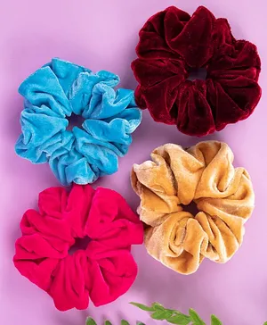 Arendelle Pack of 4 Velvet Large Scrunchies - Maroon Beige Pink Blue