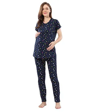 Fabme Half Sleeves Hearts Printed Pre And Post Pregnancy Pyjama Set - Navy Blue