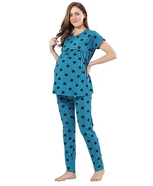 Fabme Half Sleeves Flamingos Printed Pre And Post Pregnancy Pyjama Set - Blue