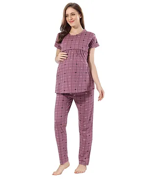 Fabme Half Sleeves Checkered And Hearts Printed Pre And Post Pregnancy Pyjama Set - Pink
