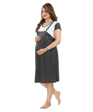 Fabme Half Sleeves Dots Printed Pre And Post Pregnancy Dungaree Nighty - Black