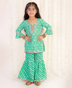 The Mom Store Three Fourth Bell Sleeves Bandhani & Leheriya Lace Embellished Kurta & Sharara Set - Teal Green