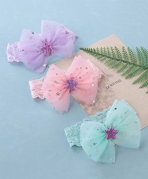 Babyhug Free Size Headbands with Bow Applique Sequin Embellished Pack of 3 - Pink Purple & Blue