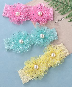 Babyhug Free Size Headbands with Bow Applique Pearl Embellished Pack of 3 - Pink Yellow & Blue
