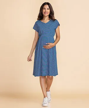 Bella Mama Short Sleeves Stripe Maternity Dress - Navy Blue White