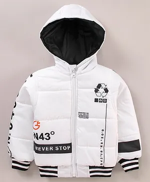 Little Kangaroos Full Sleeves Quilted Hooded Bomber Jacket Text Print - White