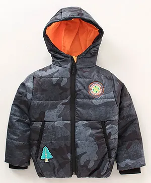 Little Kangaroos Hooded Neck Full Sleeves Padded Jacket Camouflage Print - Orange & Black