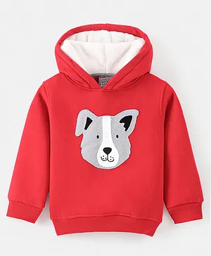 Little Kangaroos Fleece Full Sleeves Hooded Sweatshirt Puppy Patch  - Red