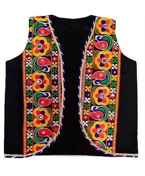 Aglare Sleeveless Garba & Navratri Theme Kutch Koti Embroidered & Mirror Embellished Gujarati Curved Hem Jacket - Black