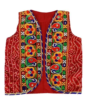 Aglare Sleeveless Garba & Navratri Theme Kutch Koti Embroidered & Mirror Embellished Bandhej Curved Hem Jacket -  Red