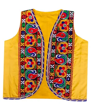Aglare Sleeveless Garba & Navratri Theme Kutch Koti Embroidered & Mirror Embellished Gujarati Curved Hem Jacket - Yellow