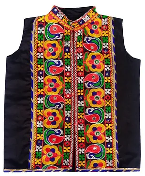 Aglare Sleeveless Garba & Navratri Theme Kutch Koti Embroidered & Mirror Embellished  Gujarati Jacket - Black