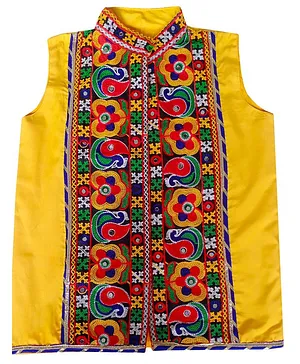 Aglare Sleeveless Garba & Navratri Theme Kutch Koti Embroidered & Mirror Embellished Gujarati Jacket - Yellow