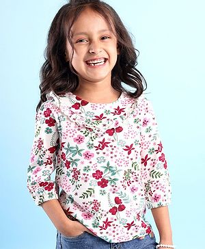 Babyhug Three Fourth Peasant Sleeves With Frill Detailing Floral Print Top - White