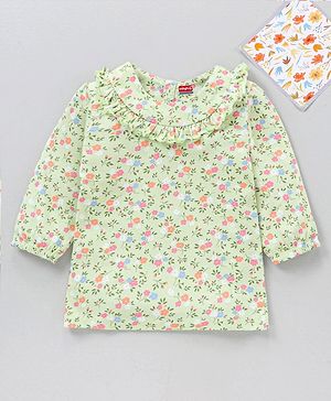 Babyhug Three Fourth Peasant Sleeves With Frill Detailing Floral Print Top - Green