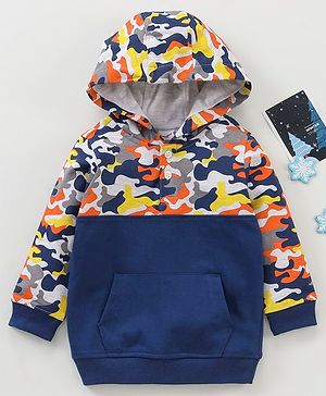 Babyhug Full Sleeves Winter Wear Hooded T-Shirt Camouflage Print - Navy Blue