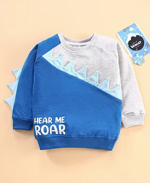 Babyhug Full Sleeves T-Shirt with Applique and Text Print - White Melange and Blue