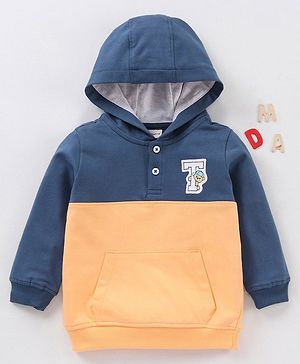 Babyhug Full Sleeves Winter Wear Hooded T-Shirt Text Print - Navy Blue Yellow