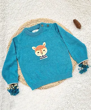 Greendeer 100% Cotton Full Sleeves Reindeer Print Sweater - Blue