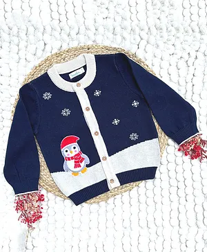 Greendeer 100% Cotton Full Sleeves Penguin In Snow Detail Sweater - Navy Blue