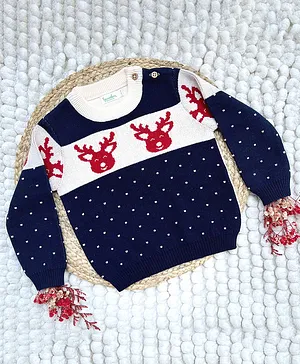 Greendeer 100% Cotton Full Sleeves Reindeer Detail Sweater - Navy Blue