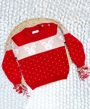 Greendeer 100% Cotton Full Sleeves Reindeer Detail Christmas Theme Sweater - Red