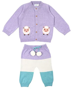 Greendeer Full Sleeves Fluffy Sheep Detail Sweater With Striped Pyjama - Purple