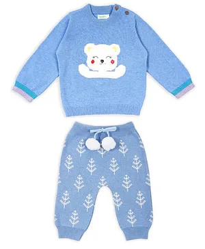 Greendeer Full Sleeves Bear Detail Sweater With Mountain Tree Print Pyjama - Blue
