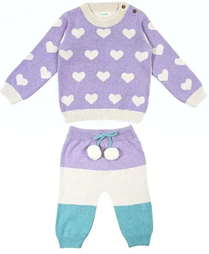 Greendeer 100% Cotton Full Sleeves Hearts Detail Sweater With Striped Pyjama - Purple