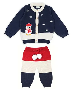 Greendeer 100% Cotton Full Sleeves Penguin In Snow Detail Sweater With Striped Pyjama - Navy Blue