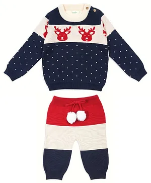 Greendeer 100% Cotton Full Sleeves Reindeer Detail Sweater With Striped Pyjama - Navy Blue
