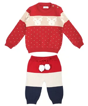 Greendeer 100% Cotton Full Sleeves Reindeer Detail Christmas Theme Sweater With Striped Pyjama - Red