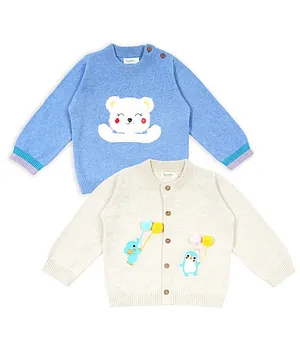 Greendeer Pack Of 2 100% Cotton Full Sleeves Balloon And Teddy Hug Sweaters - Blue White