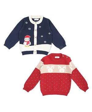 Greendeer Pack Of 2 100% Cotton Full Sleeves Christmas Reindeer Detail Sweaters - Navy Blue Red