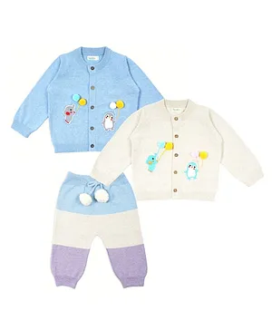 Greendeer Pack Of 2 100% Cotton Full Sleeves Balloon And Teddy Hug Sweater With 1 Striped Pyjama - Blue White