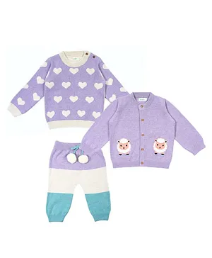 Greendeer Pack Of 2 100% Cotton Full Sleeves Sheep And Hearts Detail Sweater With 1 Striped Pyjama - Purple