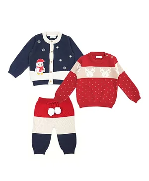 Greendeer Pack Of 2 100% Cotton Full Sleeves Reindeer And Penguin Christmas Theme Sweater With 1 Striped Pyjama - Red Navy Blue
