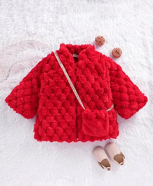 Little Kangaroos Full Sleeves Fur Jacket With Matching Purse Solid - Red