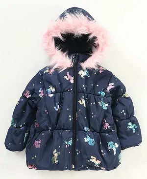 Little Kangaroos Full Sleeves Hooded Quilted Jacket Unicorn Print - Navy