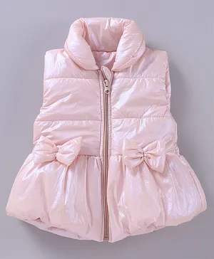 Little Kangaroos Sleeveless Quilted Jacket With Bow Applique Solid- Peach