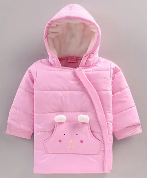 Little Kangaroos Full Sleeves Solid Winter Wear    Padded Hooded Jacket - Pink