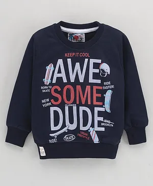 Olio Kids Full Sleeves Winterwear Tshirt Text Printed - Navy Blue