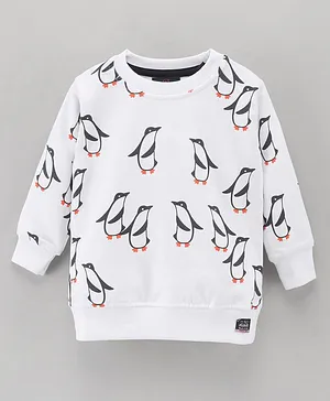Olio Kids Looper Full Sleeves Winter T-Shirt Penguin Print - Off White