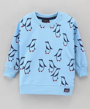 Olio Kids Looper Full Sleeves Winter T-Shirt Penguin Print - Blue