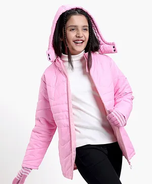Pine Kids Full Sleeves Solid Winter Wear Padded Jacket with Detachable Hoodie - Pink